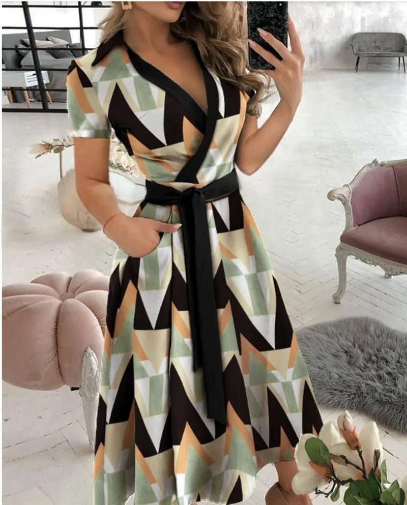 Rita | Geometric Midi Dress with V-Neck