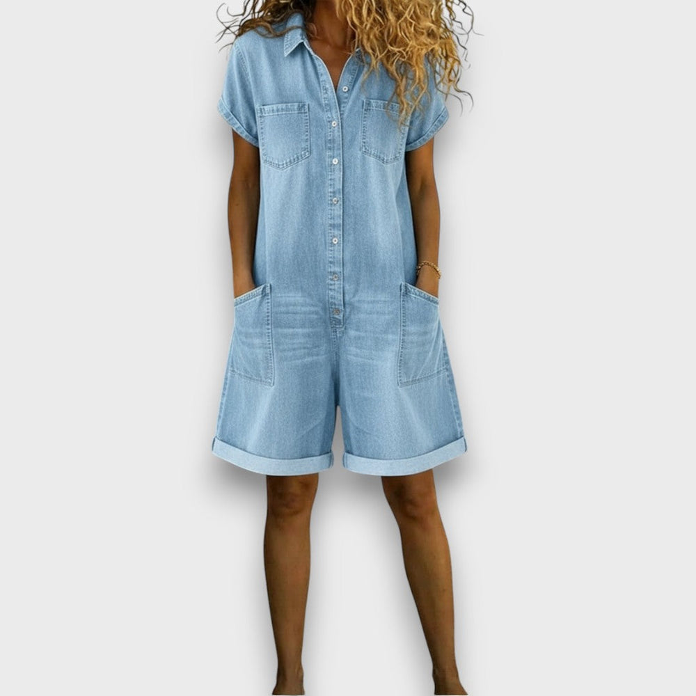 Sofía | Denim-Look Cotton Short Vintage Overalls
